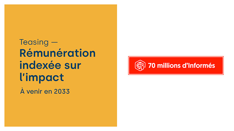 Slide de teasing, introduisant la rémunératioon indexée sur l'impact, un projet à venir en 2033, pour 70 millions d'informés