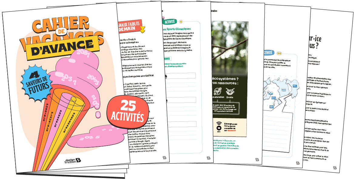Couverture et pages intérieures d'un cahier d'activités en français intitulé "Cahier de d'Avance : 4 saveurs de futurs, 25 activités". L'illustration principale montre un cône de glace rose superposant différentes couches temporelles et des catégories de scénarios : possible, plausible, probable et préférable.